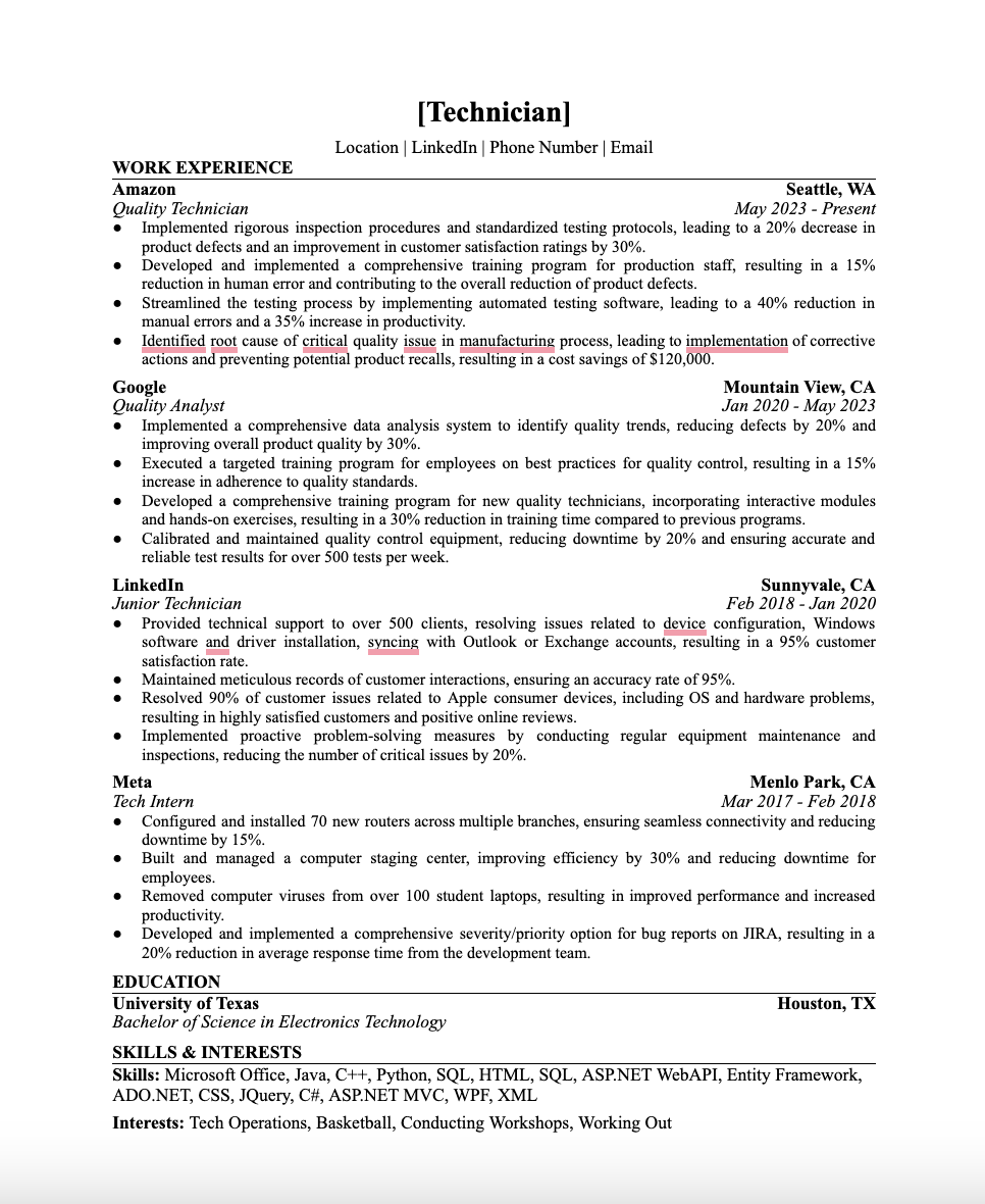 TECHNICIAN JOB DESCRIPTION RESUME visual data 7